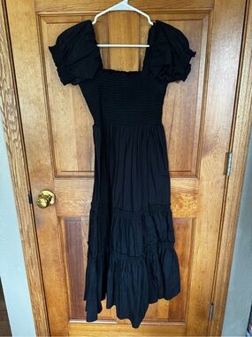 Black Smocked Puff-Sleeve Maxi Dress